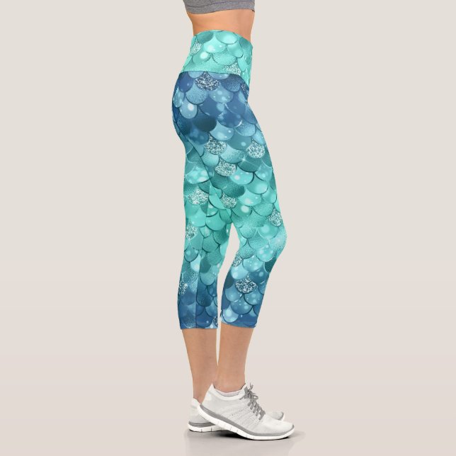 Leggings Capri Patrón de escala de Purpurina de sirena azul turqu (Derecha)