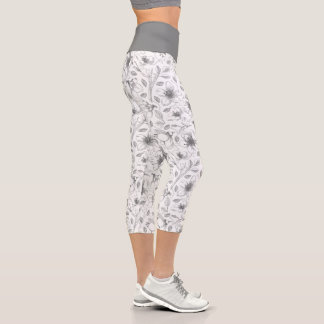 Leggings Capri Patrón de esquema floral esbozado gris/qué ID939