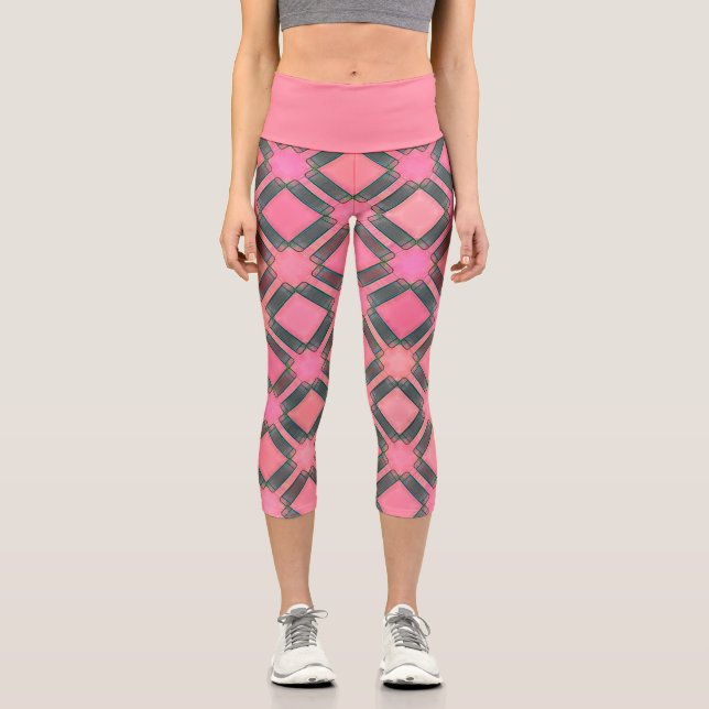 Leggings Capri Patrón de estilo geométrico del diamante rosa azul (Anverso)