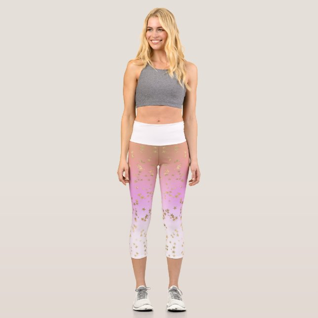 Leggings Capri Patrón de estrella de oro morado de melocotón blan (Anverso)