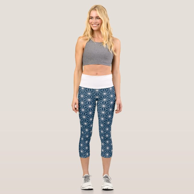 Leggings Capri Patrón de estrella geométrica blanca de moda Azul (Anverso)