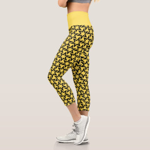 Leggings Capri Patrón de estrella geométrica negro y amarillo