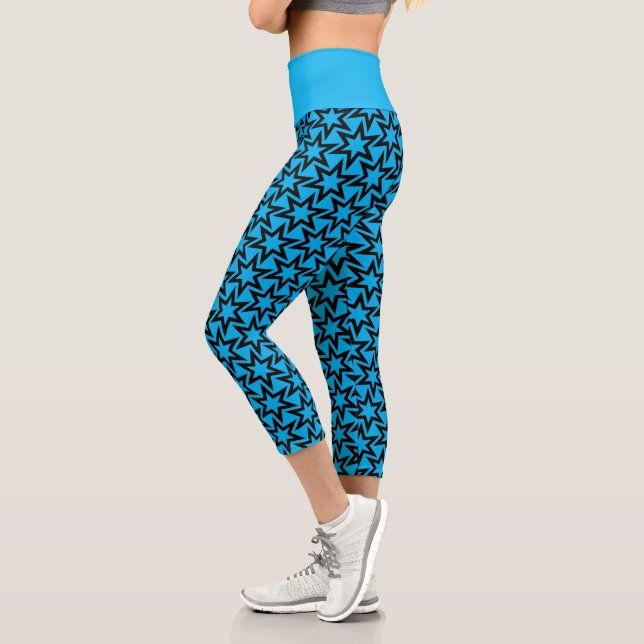 Leggings Capri Patrón de estrella geométrica negro y azul (Izquierda)