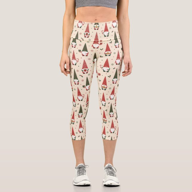 Leggings Capri Patrón de fiesta de gnomos de Navidad (Anverso)