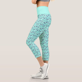 Leggings Capri Patrón de flamenco tropical moderno azul