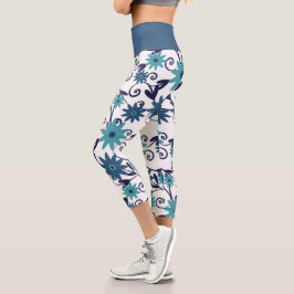 Leggings Capri Patrón de flor azul turquesa