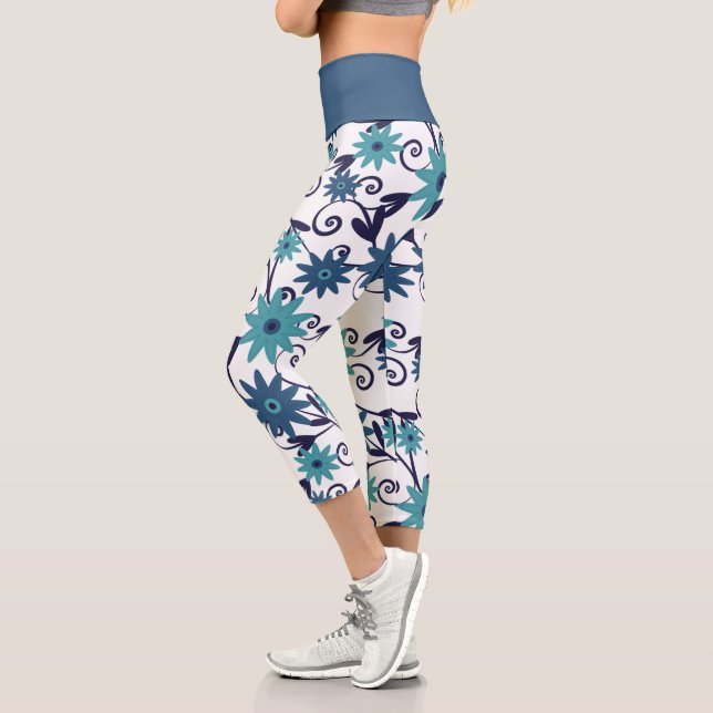 Leggings Capri Patrón de flor azul turquesa (Izquierda)