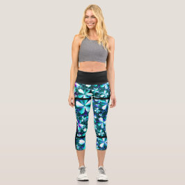 Leggings Capri Patrón de flor crudo azul púrpura Verde azulado