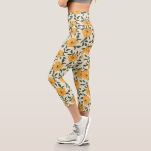 Leggings Capri Patrón de flor de amapola naranja