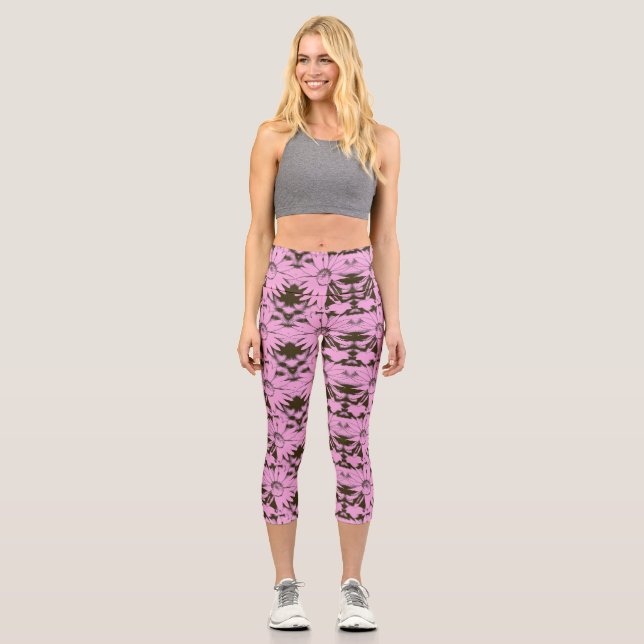 Leggings Capri Patrón de flor de cono de Rosa y chocolate (Anverso)