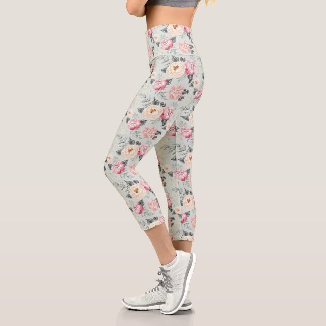 Leggings Capri Patrón de flor del jardín rosa (Izquierda)