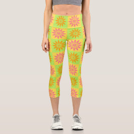 Leggings Capri Patrón de Flor Naranja Rosa