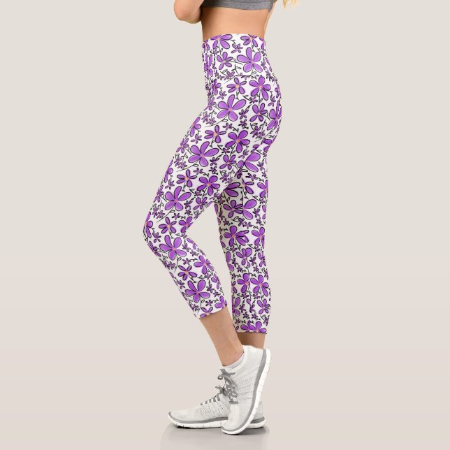 Leggings Capri Patrón de flor púrpura (Izquierda)