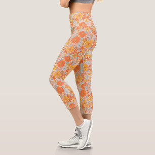 Leggings Capri Patrón de flor retro naranja