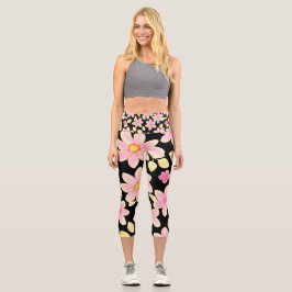 Leggings Capri Patrón de flor rosa y negra