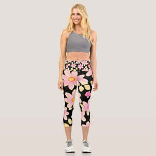 Leggings Capri Patrón de flor rosa y negra