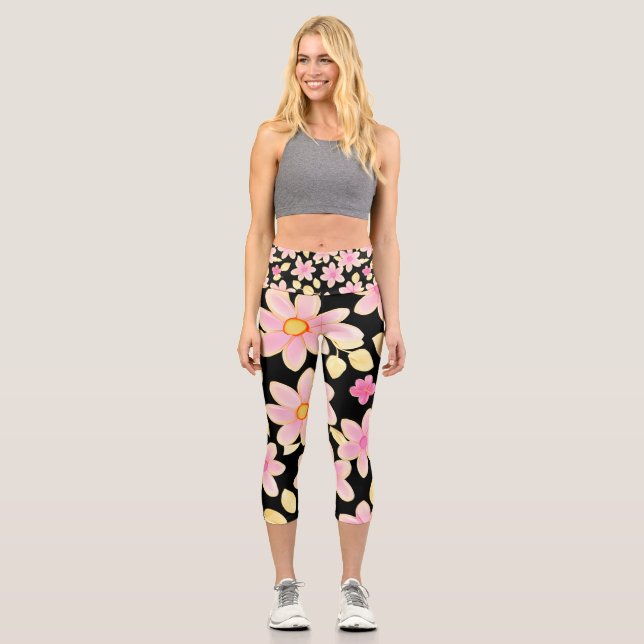 Leggings Capri Patrón de flor rosa y negra (Anverso)
