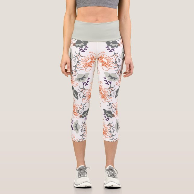 Leggings Capri Patrón de florecimiento floral (Anverso)