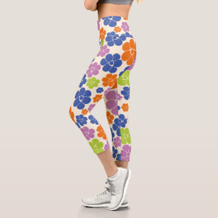 Leggings Capri Patrón de flores: azul, Naranja, púrpura, verde