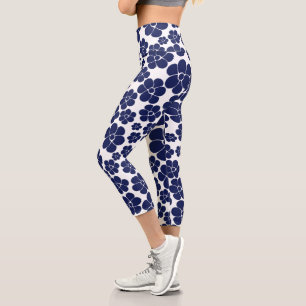 Leggings Capri Patrón de flores - Azul y blanco