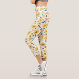 Leggings Capri Patrón de flores de margarita amarilla