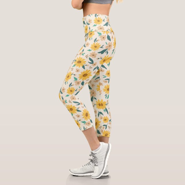 Leggings Capri Patrón de flores de margarita amarilla (Izquierda)