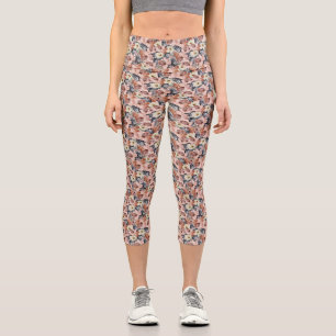 Leggings Capri Patrón de flores de mezcla beige Piernas capri