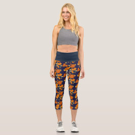 Leggings Capri patrón de flores de naranja azul oscuro