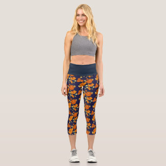 Leggings Capri patrón de flores de naranja azul oscuro