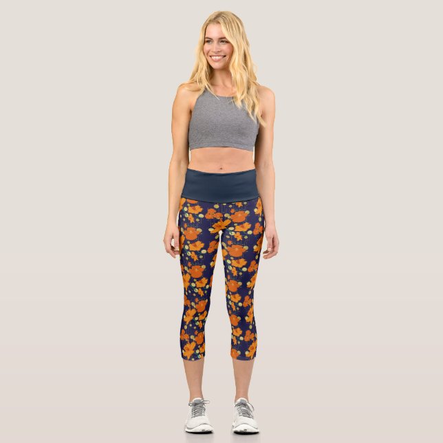Leggings Capri patrón de flores de naranja azul oscuro (Anverso)