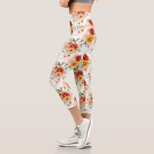 Leggings Capri Patrón de flores de Peony Rojo