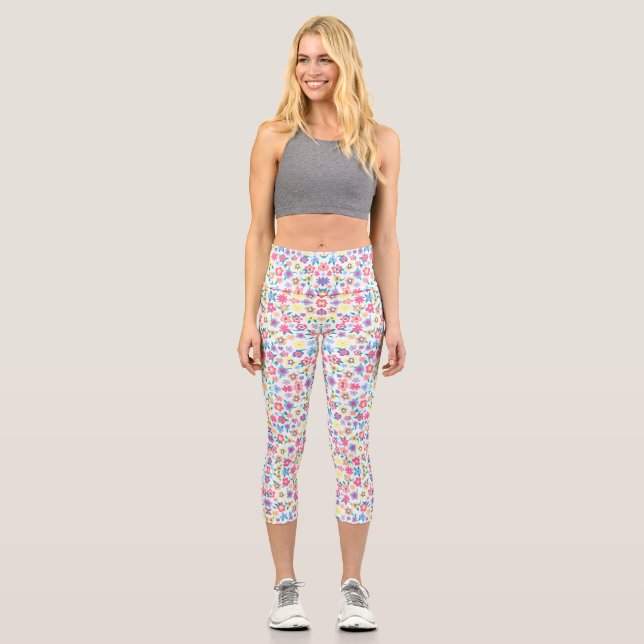 Leggings Capri Patrón de flores de primavera coloridas (Anverso)