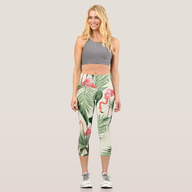 Leggings Capri Patrón de flores exóticas Flamingo rosa (Anverso)