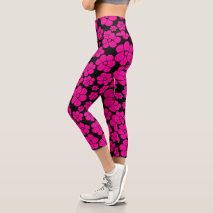 Leggings Capri Patrón de flores - Magenta y negro