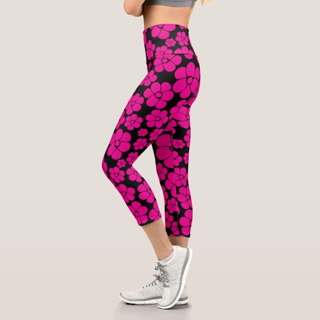Leggings Capri Patrón de flores - Magenta y negro (Izquierda)