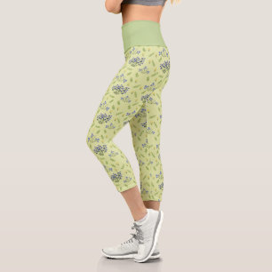 Leggings Capri patrón de flores púrpura y amarilla