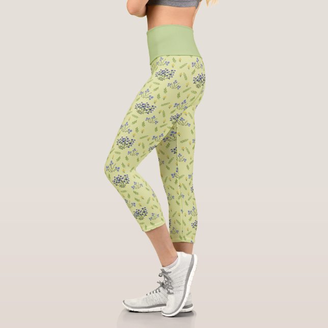 Leggings Capri patrón de flores púrpura y amarilla (Izquierda)