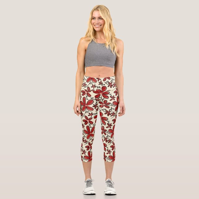 Leggings Capri Patrón de flores rojas (Anverso)