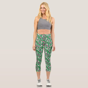 Leggings Capri Patrón de flores rosadas pequeñas C10 BG verde