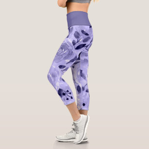 Leggings Capri Patrón de flores Rosas Lavanda Púrpura Acuarela
