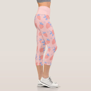 Leggings Capri Patrón de fresa de pasto suave rosado