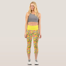 Leggings Capri Patrón de fruta de limón amarillo y rosa melocotón