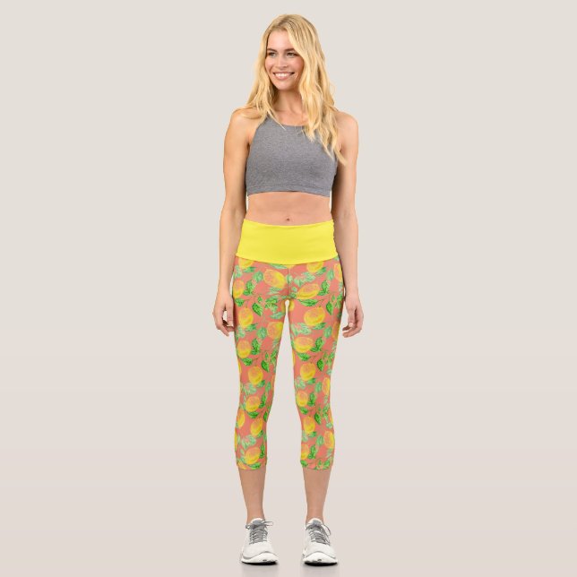 Leggings Capri Patrón de fruta de limón amarillo y rosa melocotón (Anverso)