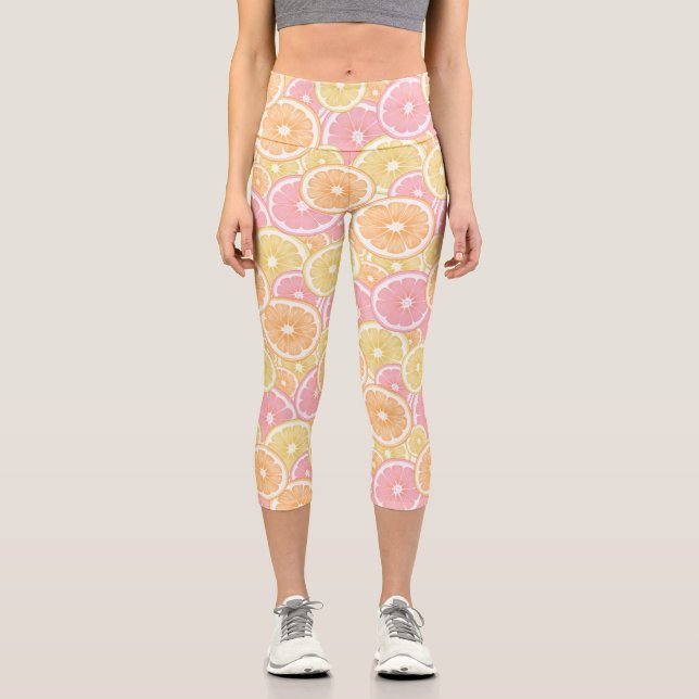 Leggings Capri Patrón de frutas de cítricos tropicales (Anverso)