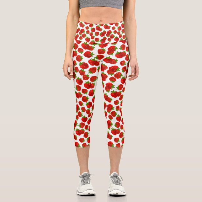 Leggings Capri Patrón de frutas de fresa roja curada verde (Anverso)