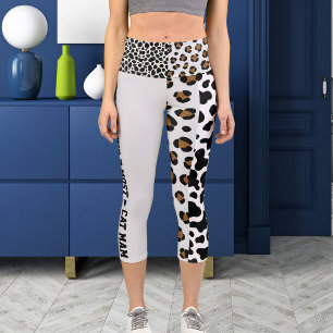 Leggings Capri Patrón de gato de la jungla personalizada Blanco n