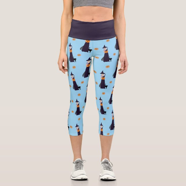 Leggings Capri Patrón de gato negro de calabaza de bruja de Hallo (Anverso)