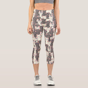 Leggings Capri Patrón de gatos blancos y grises