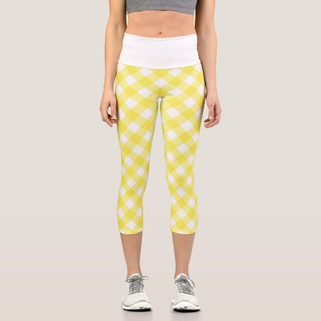 Leggings Capri Patrón de Gingham Clásico Amarillo Claro (Anverso)