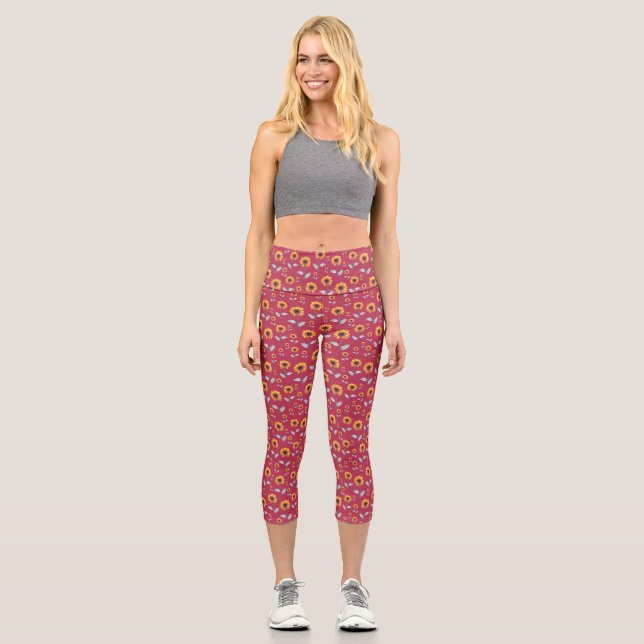 Leggings Capri Patrón de girasol - Viva Magenta (Anverso)